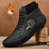 o'clock Autumn Leather Vintage Men Boots Fashion Street High-top Shoes Winter Warm Lined Handmade Lace-up Botas de
