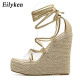 2022 New Champagne Gold Women Sandals Black Lace-up Peep toe Summer Wedges High Heels Large Size 35-42 Elegant