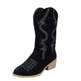 Cowboy Mid-Calf Boots Ladies Embroidery Pointed Toe Chunky Heel Women Boot Female Slip On Retro Vintage Western