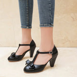 Women Mary Janes Sandals Buckle T-Strap Girls Spike High Heels Pumps Sweet Bowtie Lolita Casual Wedding Bridal Shoes Large
