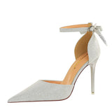 Breakj Hollow High Heels Fine Heel High Heel Shallow Pointed Hollow Out One Word Belt Back Bow