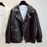 New Spring Faux Leather Pu Jacket Women Loose BF Coat Female Turndown Collar Moto Biker Rivet Zipper Vintage Street