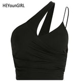 Irregular Halter Tank Top Women Harajuku Backless Cropped Top Ruched Black Cami Tops Tees Ladies Summer Party