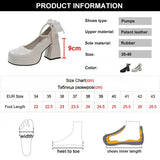Ankle Strap Platform Pumps for Women Super High Heels Patent Leather Mary Jane Shoes Woman Lace Bowknot Dress Shoes