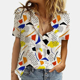Women Elegant Office Simple Turn-down Collar Cartoon Print Casual Shirt Fashion Summer Short Sleeves Button Cardigan
