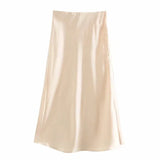 Satin Elastic waist Women Side Slit Midi Skirt 2020 New Fashion Casual Lady Button decoration Slim A-Line Skirts