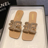 Breakj Flat-Bottomed Slippers Women 2025 Summer New Diamond Pearl Decoration Large-Size Women Cold