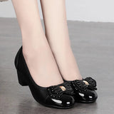 Breakj Beaded Mother Shoes Soft Soles Single Shoes Thick Heel Lazy Leather Shoes Round Head Working Shoes Heel Women's