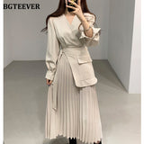 Casual V-neck Slim Waist Belted Female Dress 2021 Spring Elegant Full Sleeve Women Pleated Vestidos Ladies Midi