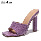 Fashion Purple Snake Print Patent Leather Slides Women High Heels Mules Ladies Prom Slippers Square Toe Sandals