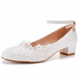 Breakj 3 Cm Square-Shaped Round-Headed Single-Shoe Wrist Strap Single Shoe Spring And Autumn Lace Wedding Shoes Women's Small White