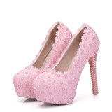Breakj Lace Heels Wedding Shoes Lace Pearl Shoes Size Fine Heel Waterproof Shoes