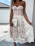 Sexy Lace Sheer Off Shoulder Slim Fit Dress Women Fashion Solid Flower Print High Waist Dress Elegant Wrap Bust Party Chic