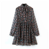 Women's Floral Dress Bow Tie Neck Vintage Pleated Dress See Through Sleeve Print Mini Dress Casual Sundress
