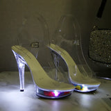 Breakj 34-43 Sexy Super High Heels Luminous Thin Heel Waterproof Platform Sandal Transparent Model Crystal Shoes Wedding