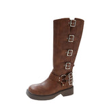 High Quality Wasteland Style Vintage T Barrel Western Boots for Women Black Belt Straps Boot Shoes Brown Platform