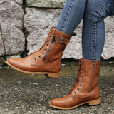 New Women Retro Boots Western Winter Fashion Shoes Punk Lace Up Buckle Motorcycle Zipper Mid Calf Boots Ladies Short