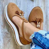 Women Summer Sandals Fashion Buckle Strap Solid Fringe Cover Heel Flat Platform Heel Casual Ladies Plus Size
