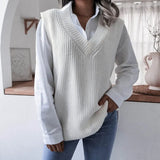2021 New Fashion Women V Neck Print Knitted Vest Sweater Casual Sleeveless Loose Pullover Elegant Warm Lady Sweater