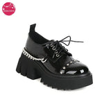 Darkness Black Gothic Pumps with Metal Chain Women's Lace-up Platform Shoes Heel Height 7cm Thick Bottom School Girls