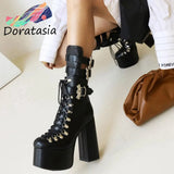 Punk Women Solid Buckle Lace Up Bat Decoration High Heel Plarform Women Boots 2021 Casual Trendy Luxury Winter