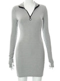 Knit Mini Dress Zipper Turtleneck Long Sleeve Women Bodycon Casual Fashion Grey Autumn Ladies Elegant Sexy Dress