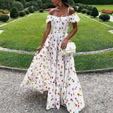 White Print Maxi dress Women Summer sexy off shoulder Bohemian Long Dress Ladies puff short sleeve party dress