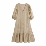 Women Hollow Embroidery Lantern Sleeve Midi Dress Female V Neck Clothes Casual Lady Loose Vestido