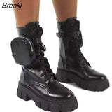 Women New Pocket Boots Lace Up Ladies Anklef Female Buckle Strap Black Booties Chunky Platform Rubber Colored Sole Shoes