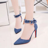 Denim Jeans Pumps High Thin Heels Blue Shallow Buckle Ankle Strap Pointed Toe Female Sandal Sexy Party Dress Tacones