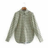 Women Geometric Printing Side Slit Shirts Female Long Sleeve Blouses Casual Lady Loose Tops Blusas