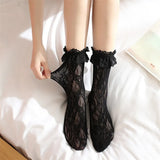 Lovely Girls Sweet Elastic Jacquard Ruffle Fishnet Black White Stockings Transparent Hollow New Lace Knee High 1