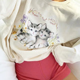 Cat Print Cute White Oversized Sweatshirt Autumn Cute Long Sleeve Sweat Shirt Casual Loose Pullover Ladies