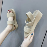 Breakj 2025 Summer New Fashion Beach Shoes Wide Strips Thick Bottom Slope Heel Sandals