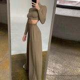 Two Piece Set Women Skinny Turtleneck Long Sleeve Cropped Top And Elastic Wide Leg Pant Suit Elegant Female Solid
