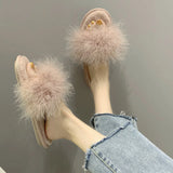 Slippers Women Wear Fashionable 2024 New Fashion Shoes Ostrich Hair Flat-Soled Korean Open-Toed