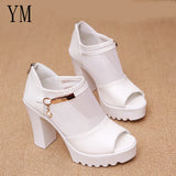 2020 Women Sandals Square High Heel Summer Shoes Woman Pumps Sexy Flower Net Hollow Peep toe Gladiator Sandals size