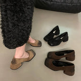 Thick Heel Black Square Head Temperament Single Women's Shoes 2024 New Retro Shallow Mouth Evening Style High