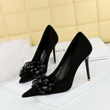 Breakj Korean Version Banquet High-Heeled Shoes Women Thin Heel Suede Shallow Mouth Pointed Gem Water Diamond Bow Single