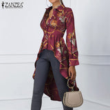 Oversize ZANZEA Fashion Women Asymmetrical Shirts 2022 Spring Autumn Printed Puff Sleeve Tops Casual Office Lady High Low