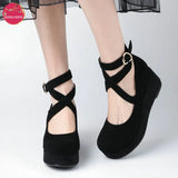 Woman's Wedges Heel Lolita Roman Shoes Kid Suede Real Leather Simple Elegant Mary Jane Pumps Cosplay Party Gothic Darkness