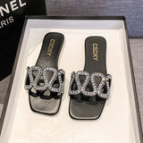 Breakj Version Of Waterdiamond Type Flat Bottom Slippers Female Women Flat Slippers Square Head One Foot Pedal