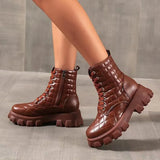 Women Thick-soled Boots Winter Shoes Chelsea Boots Women's Luxury Designer Square Lace Round Toe Mid-calf Zapatillas