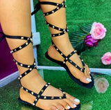 2023 New Flat Strap Rivet Sandals Large Size Toe Sandals Women's Word Beach