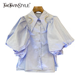 White Short Blouse For Women Lapel Puff Sleeve Patchwork Diamond Casual Shirt Female Fashion New Clothing