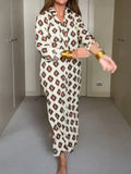 Women Office Elegant Square Neck Single Breasted Long Shirt Dress Casual Loose Dress Fashion Printed Long Sleeve Commuter
