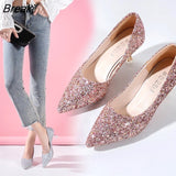 Autumn New Fashion Sequins High Heels Korean Version of The Wild Pointed Shallow Mouth Banquet Wedding Shoes plus size