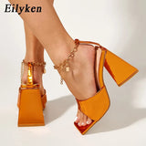 Elegant Ladies Party Dress Shoes Fashion Metal Chain Ankle Buckle Open Toe Triangle Square Heels Women