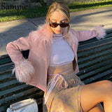 2021 Winter Pink Women Turn Down Collar Jackets Faux Fur Coat Outwear Fashion Long Sleeve Y2K Casual Cropped Jacket