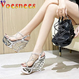 Nightclub Transparent Super High Heeled Shoes Diamond Rivet PVC Band Fashion Sandals Summer Hollow Out Wedge Women's